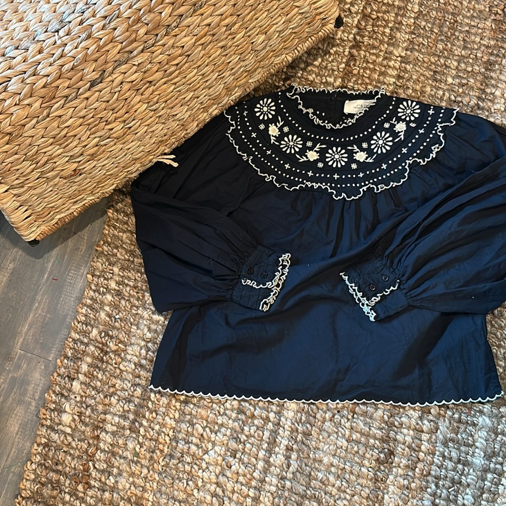 THE GREAT. Navy Blue Embroidered Peasant Blouse with White Trim - Picture 2 of 11